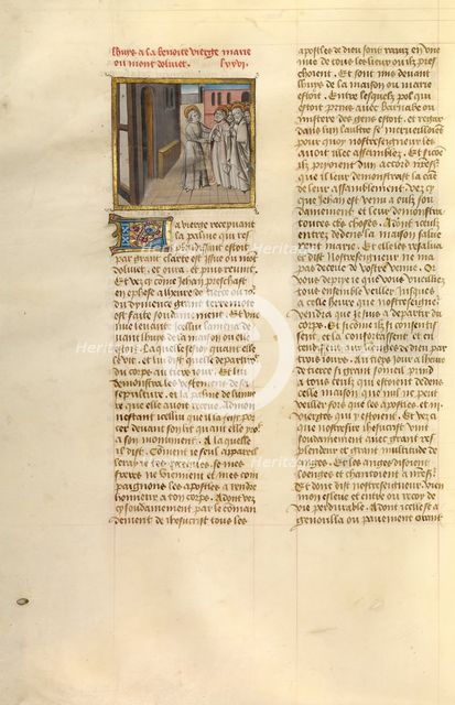 The Arrival of an Apostle at the House of Mary; Miroir Historial, about 1475. Creator: Unknown.