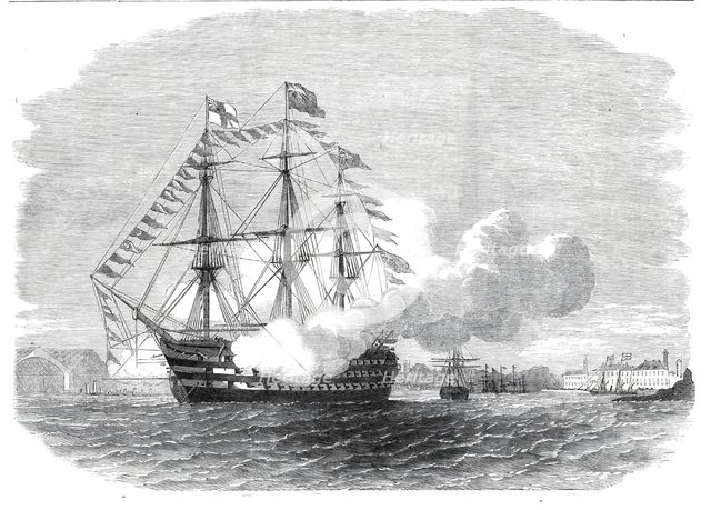 The arrival of the Prince of Wales in Plymouth Harbour - H.M.S. "Impregnable" firing a salute, 1860. Creator: Unknown.