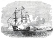 The arrival of the Prince of Wales in Plymouth Harbour - H.M.S. "Impregnable" firing a salute, 1860. Creator: Unknown