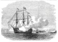 The arrival of the Prince of Wales in Plymouth Harbour - H.M.S. "Impregnable" firing a salute, 1860. Creator: Unknown