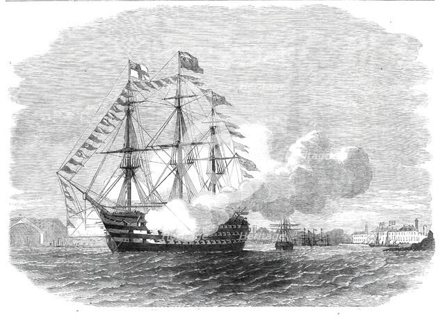 The arrival of the Prince of Wales in Plymouth Harbour - H.M.S. "Impregnable" firing a salute, 1860. Creator: Unknown.