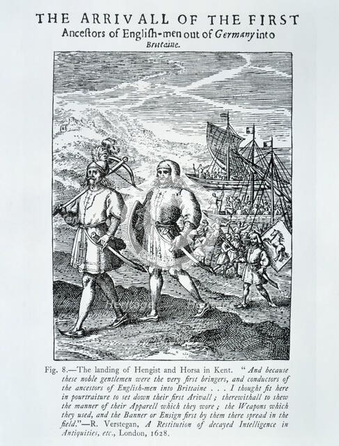 'The Arrivall of the First Ancestors of English-men out of Germany into Brittaine', 1628. Artist: Unknown