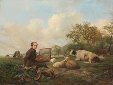 The Artist Painting a Cow in a Meadow, 1850. Creator: Hendrik van de Sande Bakhuyzen