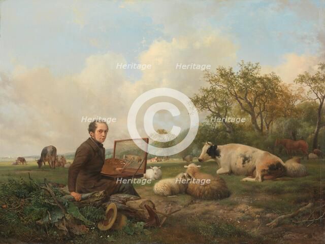 The Artist Painting a Cow in a Meadow, 1850. Creator: Hendrik van de Sande Bakhuyzen.