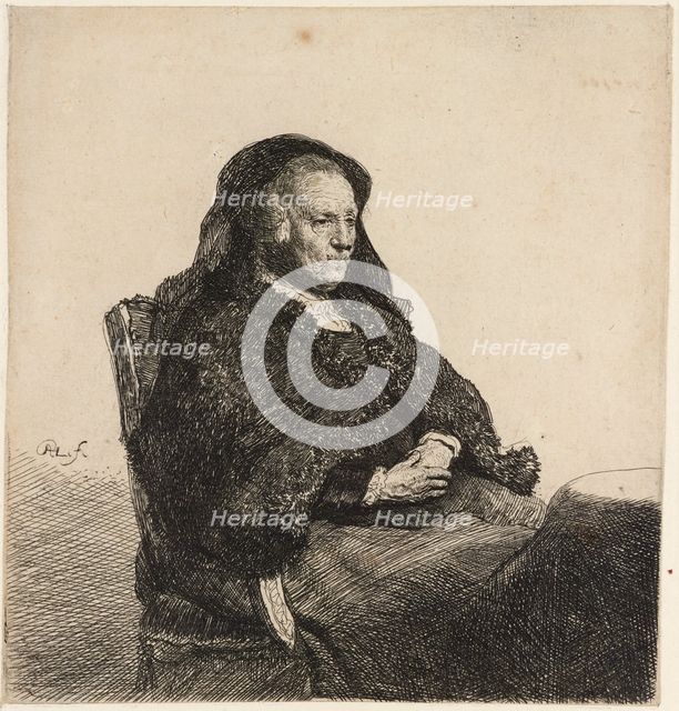 The artist's mother seated at a table, c.1631. Creator: Rembrandt Harmensz van Rijn.