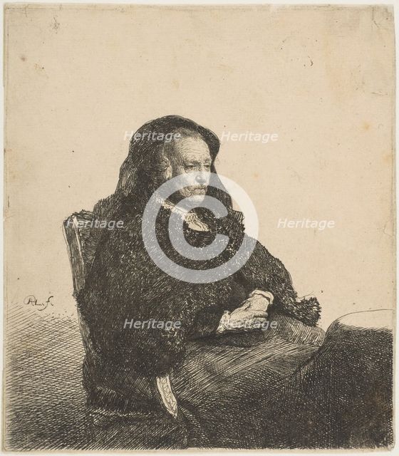 The Artist's Mother Seated at a Table Looking Right: Three-Quarter Length, ca. 1631. Creator: Rembrandt Harmensz van Rijn.
