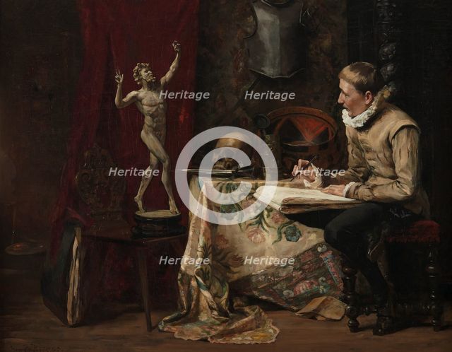 The Artist's Studio, with self-portrait, late 19th century. Creator: Hugo Birger.