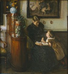 The artist's wife and child reading, 1893. Creator: Viggo Johansen