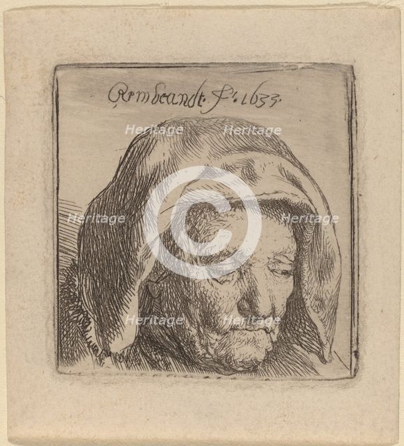 The Artist's Mother in a Cloth Headdress, Looking Down, 1633. Creator: Rembrandt Harmensz van Rijn.