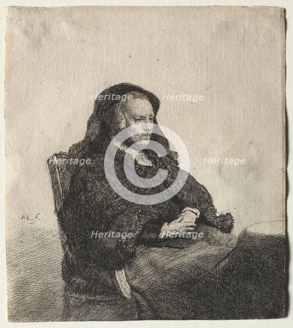 The Artist's Mother Seated at a Table, Looking Right: Three Quarter Length, c. 1631. Creator: Rembrandt van Rijn (Dutch, 1606-1669).