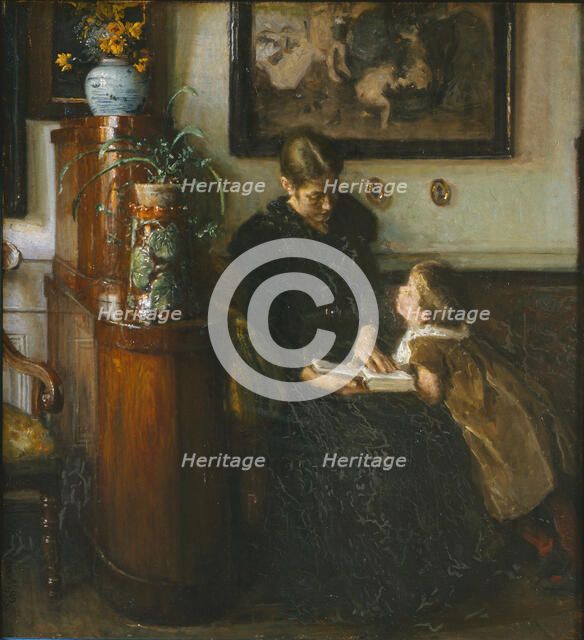 The artist's wife and child reading, 1893. Creator: Viggo Johansen.