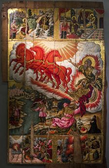The Ascension of the Prophet Elijah with scenes from his life, 17th century. Creator: Poulakis, Theodore (1622-1692)