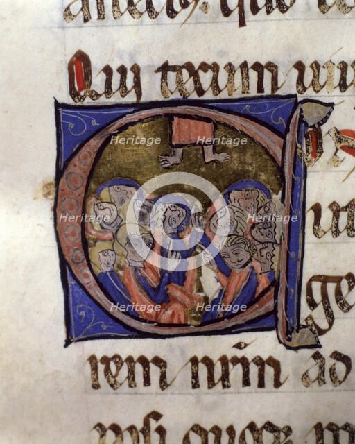 The Ascension of Jesus, illuminated capital letter from 'Episcopal Sacramentary of Elna'. Handwri…