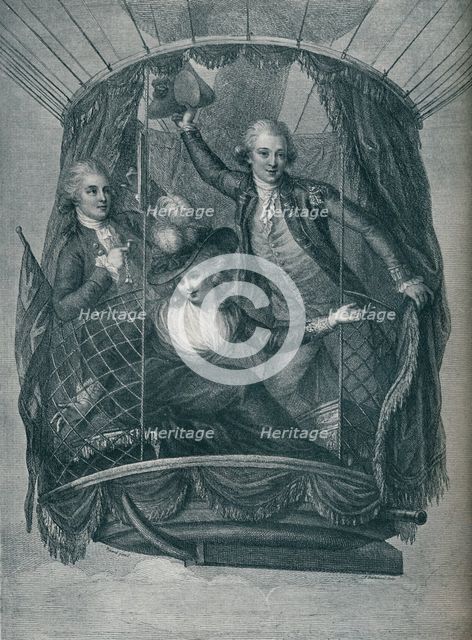 ''The Ascent of Vincent Lunardi, accompanied by Mrs. Sage and Mr. Biggin', 1785, (1910). Artist: Unknown.