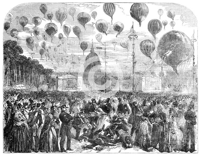 The Ascent of Balloons from the Esplanade of the Invalides, 1856.  Creator: Unknown.