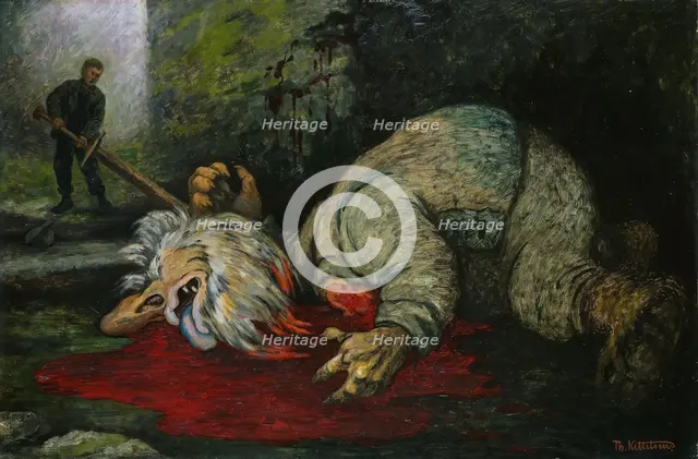 The Ash Lad beheads the Troll; For Soria Moria Palace, series consisting of twelve..., 1900. Creator: Theodor Kittelsen.