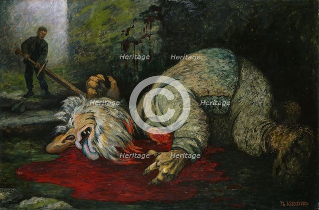 The Ash Lad beheads the Troll; For Soria Moria Palace, series consisting of twelve..., 1900. Creator: Theodor Kittelsen.
