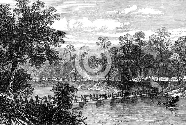 The Ashantee War: the Camp at Prah-Su - native artillery crossing the river..., 1874. Creator: Unknown.