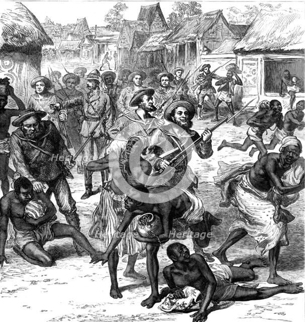 The Ashantee War: the Naval Brigade clearing the streets of Coomassie, by our special artist, 1874. Creator: Unknown.