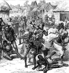 The Ashantee War: the Naval Brigade clearing the streets of Coomassie, by our special artist, 1874. Creator: Unknown