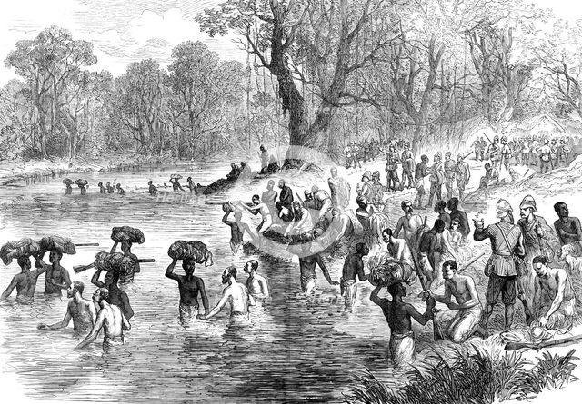 The Ashantee War - the return from Coomassie: crossing a river...sketch by our special artist, 1874. Creator: Unknown.