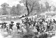 The Ashantee War - the return from Coomassie: crossing a river...sketch by our special artist, 1874. Creator: Unknown