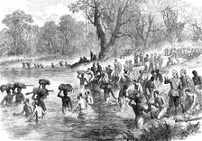 The Ashantee War - the return from Coomassie: crossing a river...sketch by our special artist, 1874. Creator: Unknown