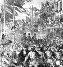 The Ashantee War: the return home - arrival of the 23rd Royal Welsh Fusiliers at Portsmouth, 1874. Creator: Unknown