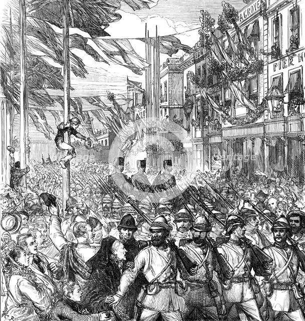 The Ashantee War: the return home - arrival of the 23rd Royal Welsh Fusiliers at Portsmouth, 1874. Creator: Unknown.