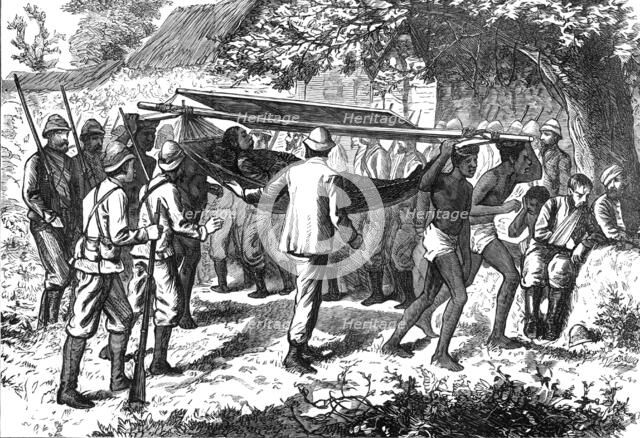 The Ashantee War: wounded officer of the 42nd borne from the field by native hammock-men, 1874. Creator: Unknown.