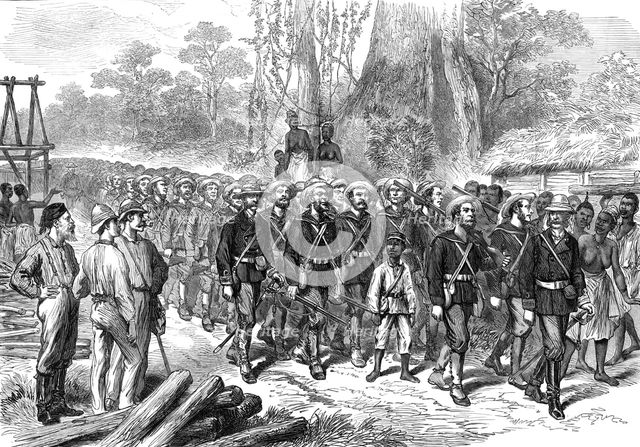 The Ashantee War: arrival of the Naval Brigade in Camp at Prahsu - by our special artist, 1874. Creator: Unknown.