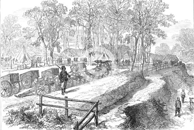 The Ashantee War: artillery park in the camp at Prah-Su, from a sketch by our special artist, 1874. Creator: Unknown.