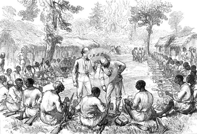 The Ashantee War: counting and inspecting ammunition of the Bonny men, 1874. Creator: Unknown.