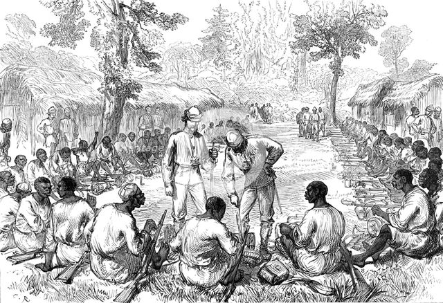 The Ashantee War: counting and inspecting ammunition of the Bonny men, 1874. Creator: Unknown.