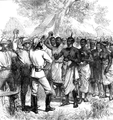 The Ashantee War: drinking the Queen's health in our camp, from a sketch by our special artist, 1874 Creators: Unknown, C. R.