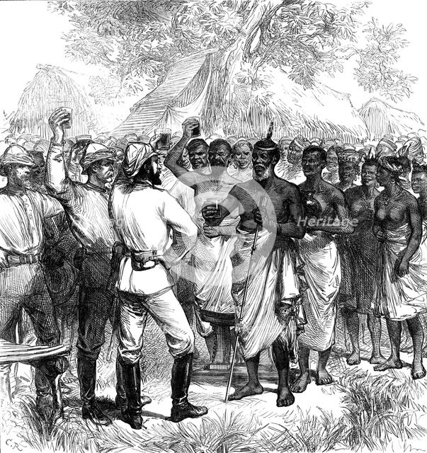 The Ashantee War: drinking the Queen's health in our camp, from a sketch by our special artist, 1874 Creators: Unknown, C. R..