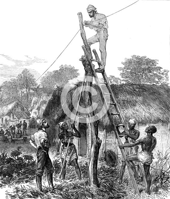 The Ashantee War: fixing telegraph wires...sketch by our special artist, 1874. Creator: Unknown.
