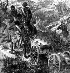The Ashantee War: howitzer battery for n*gro gunners, 1873. Creator: Unknown