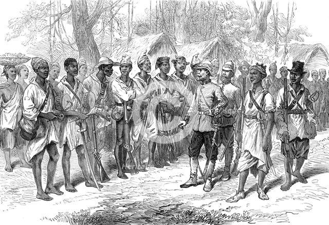 The Ashantee War: inspecting Kossohs at Prah-Su, from a sketch by our special artist, 1874. Creator: Unknown.