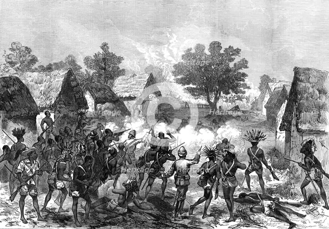 The Ashantee War: Lord Gifford and advance scouts storming a village...by our special artist, 1874. Creator: Unknown.
