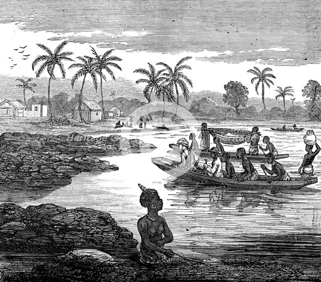 The Ashantee War: our artist crossing the Sweet River, near Elmina, 1874. Creators: Unknown, Melton Prior.