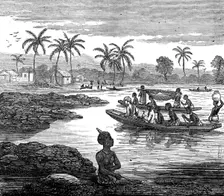 The Ashantee War: our artist crossing the Sweet River, near Elmina, 1874. Creators: Unknown, Melton Prior
