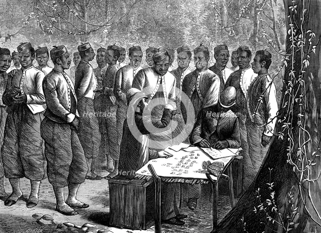 The Ashantee War: paying a West India regiment, from a sketch by our special artist, 1874. Creator: Jenkin.