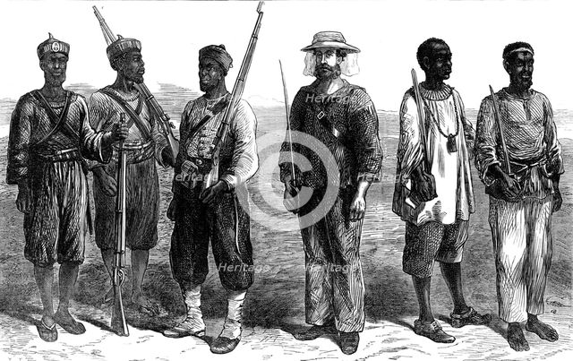 The Ashantee War: sentries of the different lines of troops in camp at Prah-Su, 1874. Creator: Unknown.