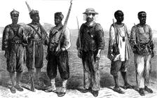The Ashantee War: sentries of the different lines of troops in camp at Prah-Su, 1874. Creator: Unknown