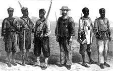 The Ashantee War: sentries of the different lines of troops in camp at Prah-Su, 1874. Creator: Unknown