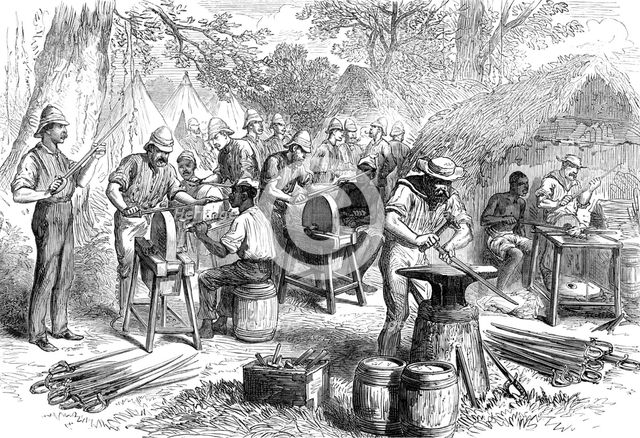 The Ashantee War: sharpening cutlasses...at Prah-Su, from a sketch by our special artist, 1874. Creator: Unknown.