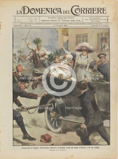 The Assassination of Archduke Franz Ferdinand of Austria and his wife in Sarajevo, 28th June 1914.  Creator: Beltrame, Achille (1871-1945).