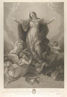 The assumption of the Virgin, who rises with arms outstretched, angels supporting her from..., 1792. Creator: Carl Ernst Christoph Hess
