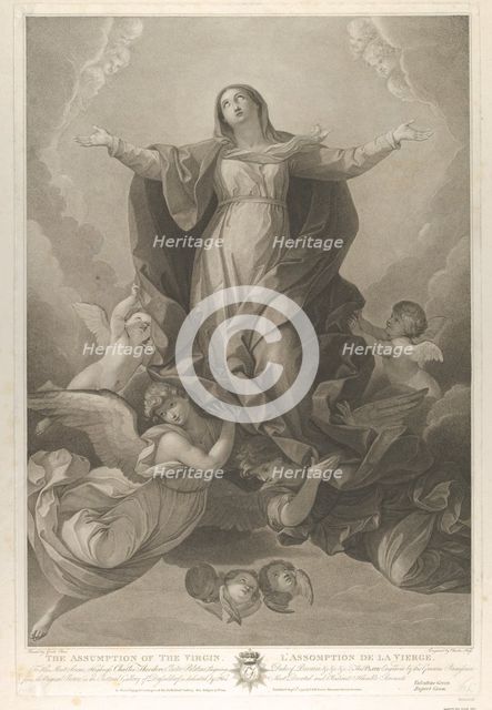The assumption of the Virgin, who rises with arms outstretched, angels supporting her from..., 1792. Creator: Carl Ernst Christoph Hess.